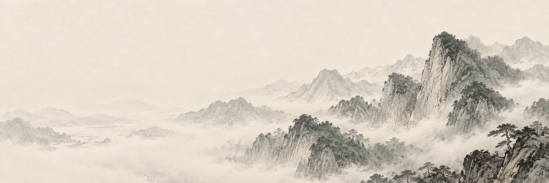 Layers of ink-wash mountains emerging through pale mist, with a solitary pine in the foreground